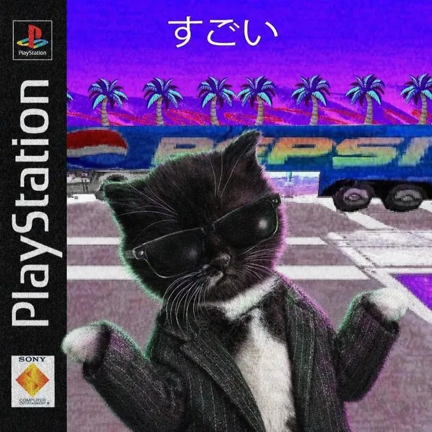 Vaporwave game case plate: MOKI in sunglasses and a suit against a purple palm-lined highway